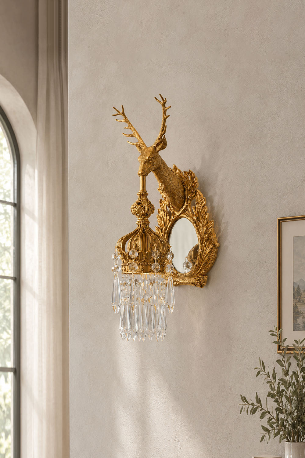 Cerfaline Brass Stag Head K9 Crystal Wall Sconce | Brass and Crystal | Side view displayed on a neutral wall | Samu Lamp
