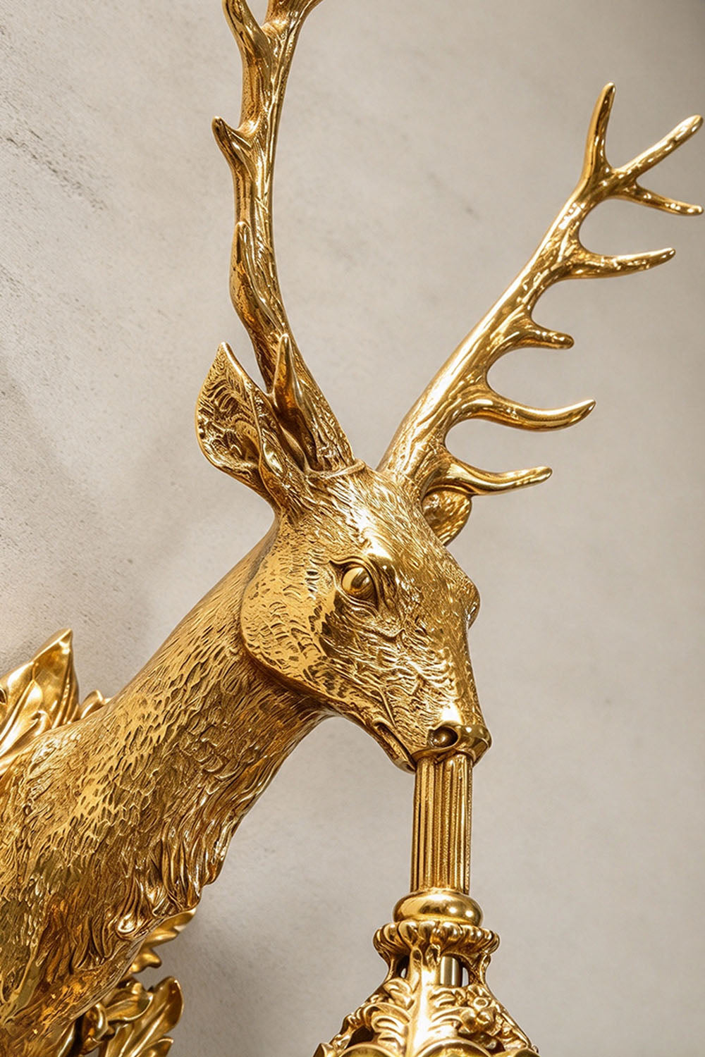 Cerfaline Brass Stag Head K9 Crystal Wall Sconce | Brass and Crystal | Close-up of stag head and tall antlers | Samu Lamp