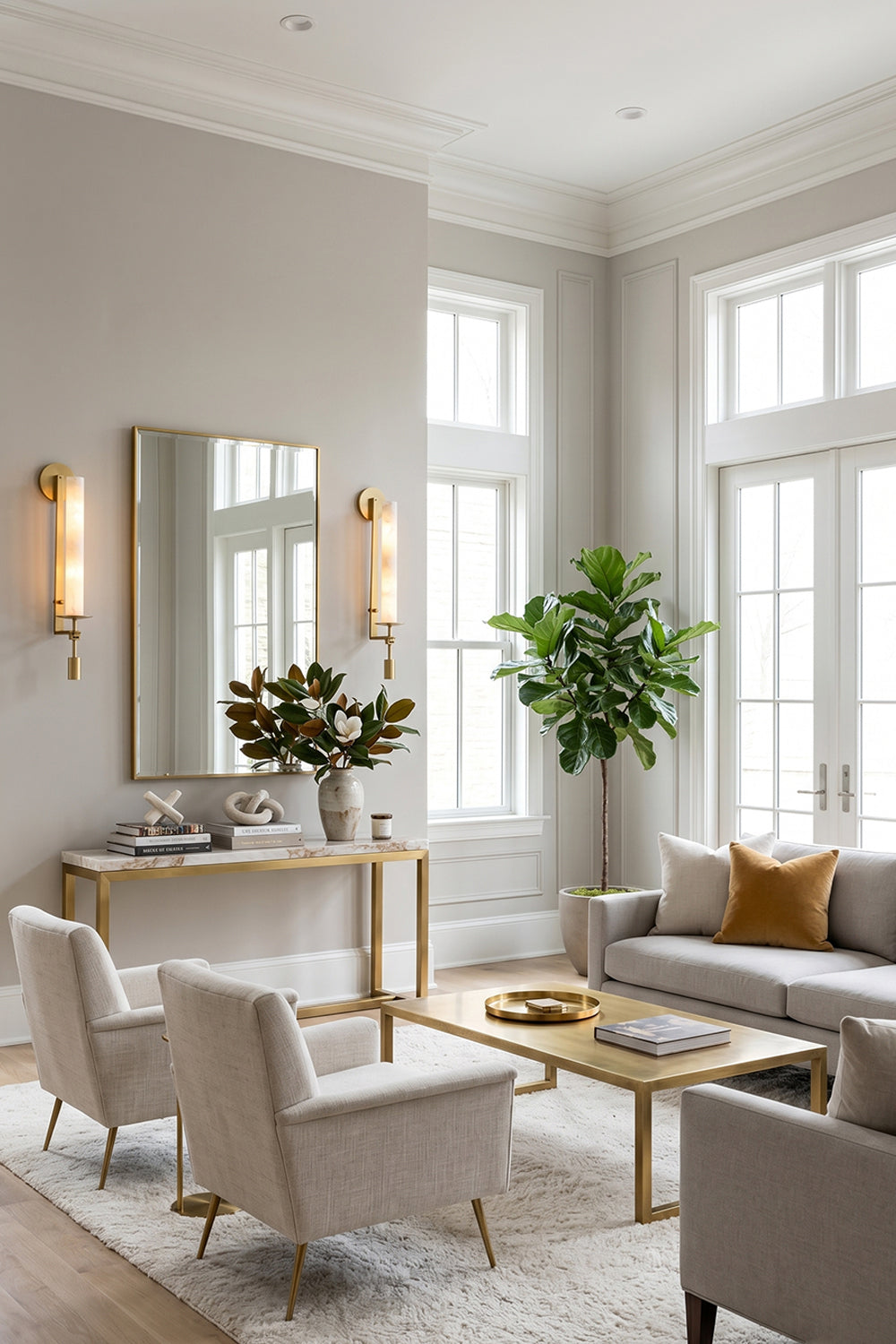Chantal Twin Alabaster Wall Sconce | Alabaster, Brass | Installed in a bright spacious luxury living room near a modern console table, a matching mirror, and neutral tone armchairs | Samu Lamp