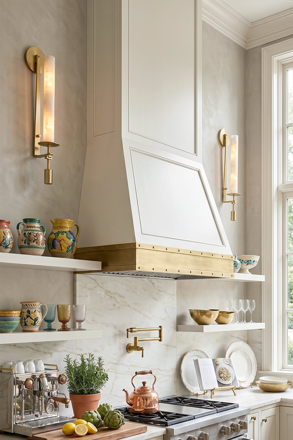 Chantal Twin Alabaster Wall Sconce | Alabaster, Brass | Flanking a pristine white range hood with brass metal trim in a contemporary classical kitchen layout with open shelving | Samu Lamp