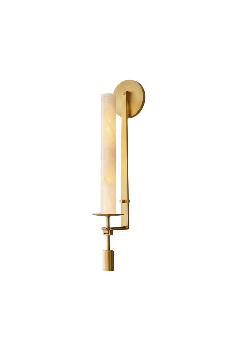 Chantal Twin Alabaster Wall Sconce | Alabaster, Brass | Isolated unlit view of a single-light modern torch wall sconce featuring a vertical cylindrical white alabaster stone shade on a sleek brushed gold brass geometric frame | White background | Samu Lamp