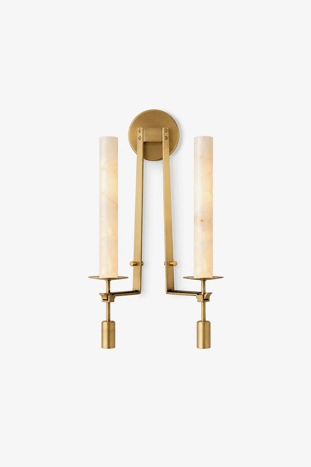Chantal Twin Alabaster Wall Sconce | Alabaster, Brass | Studio view of the fully lit twin-light brass hardware variant casting a warm golden glow through the translucent stones on a white background | Samu Lamp