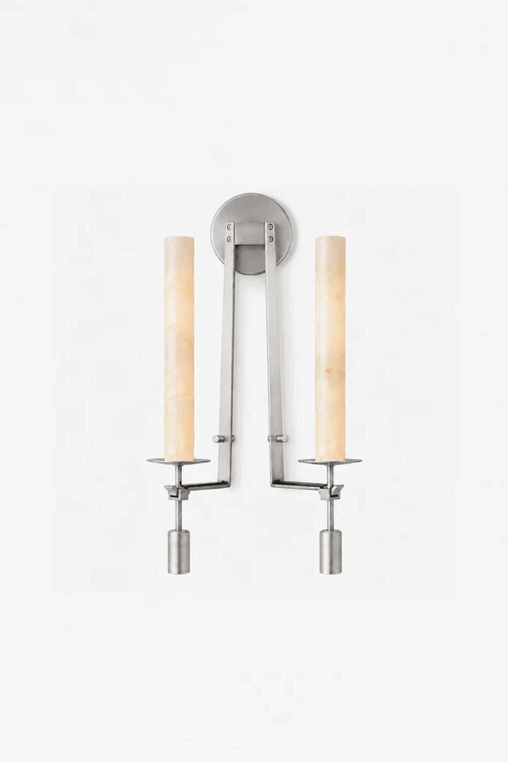 Chantal Twin Alabaster Wall Sconce | Alabaster, Metal | Studio variant shot of the twin-light silver chrome or nickel hardware version casting a bright clean glow on a solid white background | Samu Lamp