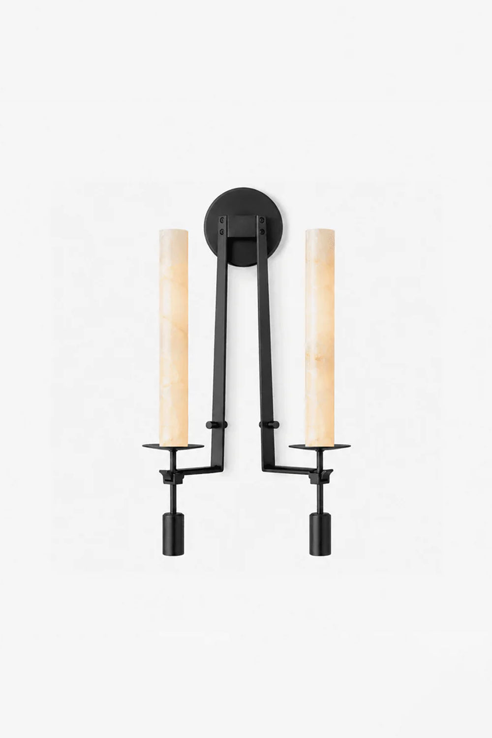 Chantal Twin Alabaster Wall Sconce | Alabaster, Metal | Studio variant view of the twin-light industrial matte black hardware finish variant glowing against a plain backdrop | Samu Lamp