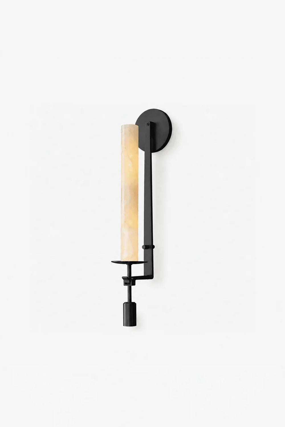 Chantal Twin Alabaster Wall Sconce | Alabaster, Metal | Studio view of the single-light matte black variant showing the minimalist single-arm cylindrical stone column lit up elegantly | Samu Lamp