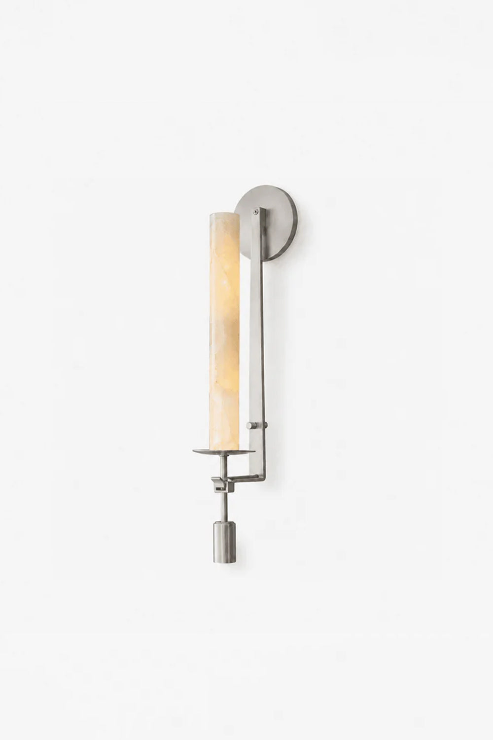 Chantal Twin Alabaster Wall Sconce | Alabaster, Metal | Studio view of the single-light silver polished nickel variant radiating a cool warm light balance against a white backdrop | Samu Lamp