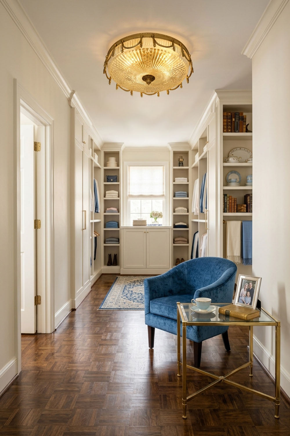Chaumelle Brass Swag Ribbed Glass Ceiling Light | Ribbed Glass and Brass | Installed in a bright walk-in closet with a blue armchair and patterned rug | Samu Lamp