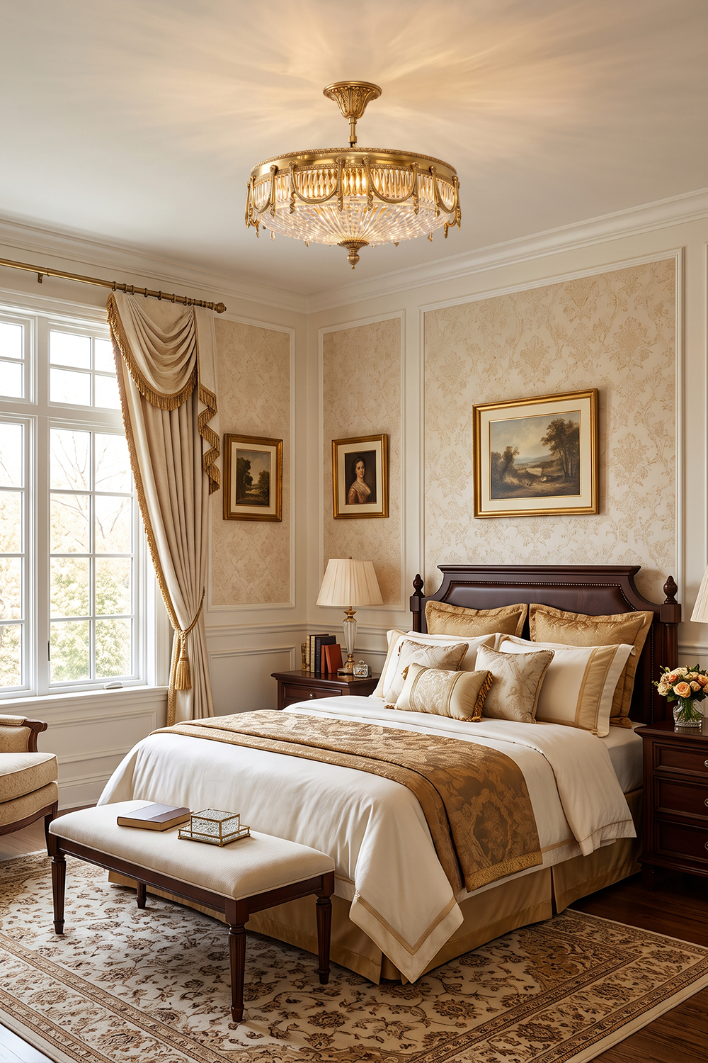 Chaumelle Brass Swag Ribbed Glass Ceiling Light | Ribbed Glass and Brass | Centered in a classic bedroom with patterned wallpaper and a large bed | Samu Lamp
