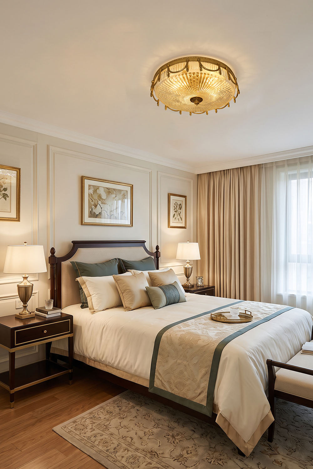 Chaumelle Brass Swag Ribbed Glass Ceiling Light | Ribbed Glass and Brass | Lighting a luxury bedroom with wall paneling and a large bed | Samu Lamp