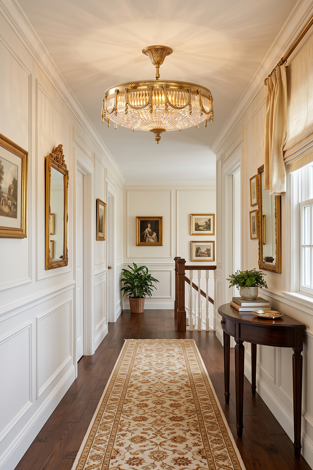 Chaumelle Brass Swag Ribbed Glass Ceiling Light | Ribbed Glass and Brass | Illuminating a long hallway corridor with wainscoting and a runner rug | Samu Lamp