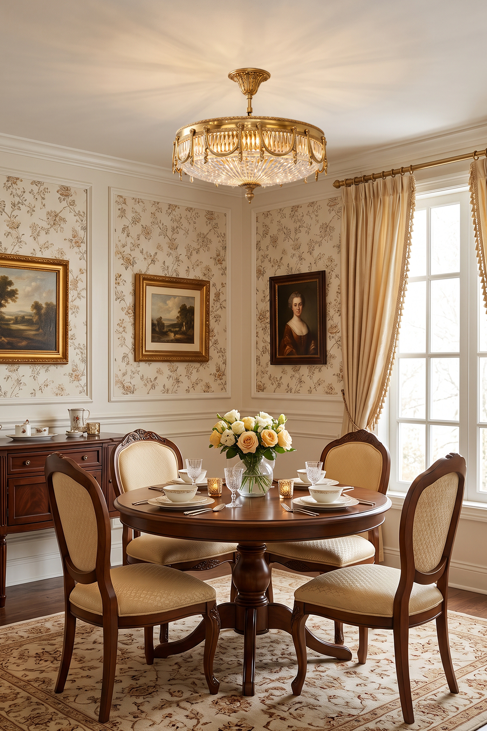 Chaumelle Brass Swag Ribbed Glass Ceiling Light | Ribbed Glass and Brass | Suspended above a round wooden dining table in an elegant room | Samu Lamp