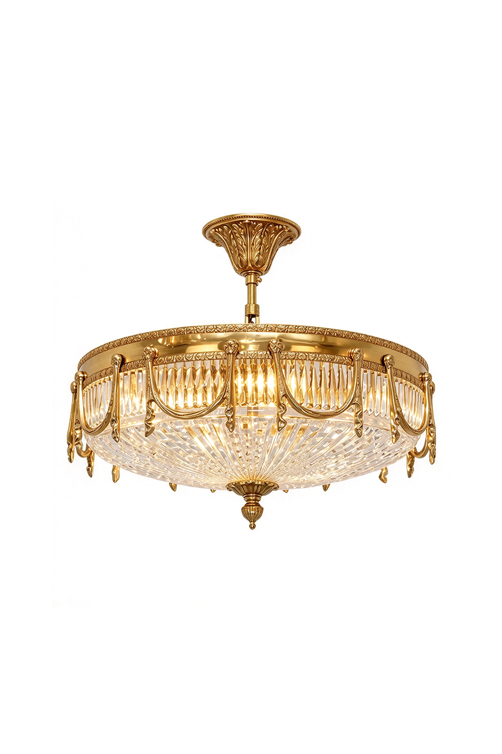 Chaumelle Brass Swag Ribbed Glass Ceiling Light | Ribbed Glass and Brass | Front full view on a pure white background, illuminated | Samu Lamp