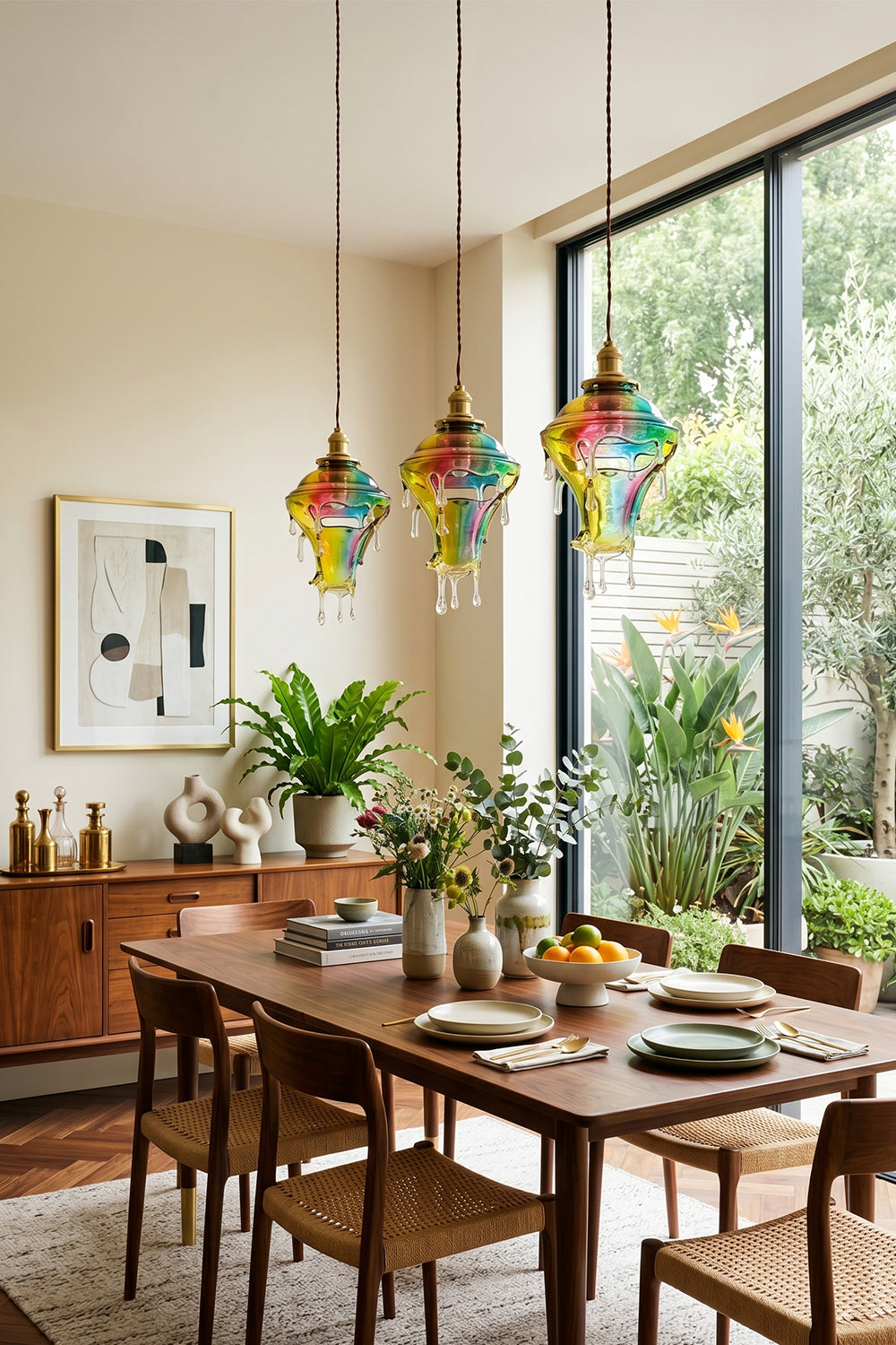 Chroma Drip Rainbow Resin Pendant Lamp | Resin, Metal | Trio of colorful drip pendant lights casting a welcoming glow over an elegant dining arrangement next to a window | Samu Lamp