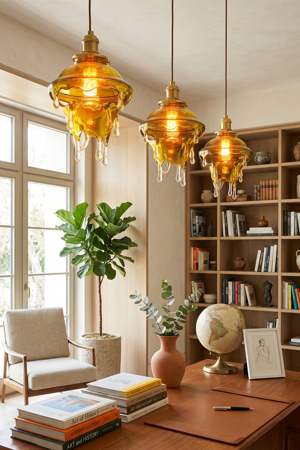 Chroma Drip Rainbow Resin Pendant Lamp | Resin, Metal | A row of three dripping amber glass-style pendants illuminating a cozy lounge space with wooden bookshelves | Samu Lamp