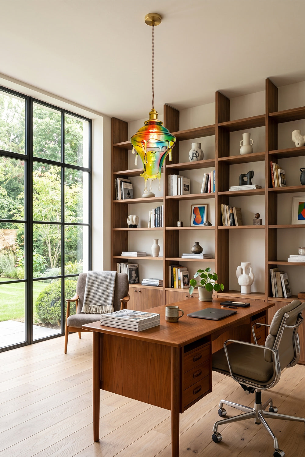 Chroma Drip Rainbow Resin Pendant Lamp | Resin, Metal | Hanging as accent statement lighting over a large wooden executive desk in a classic home office library | Samu Lamp
