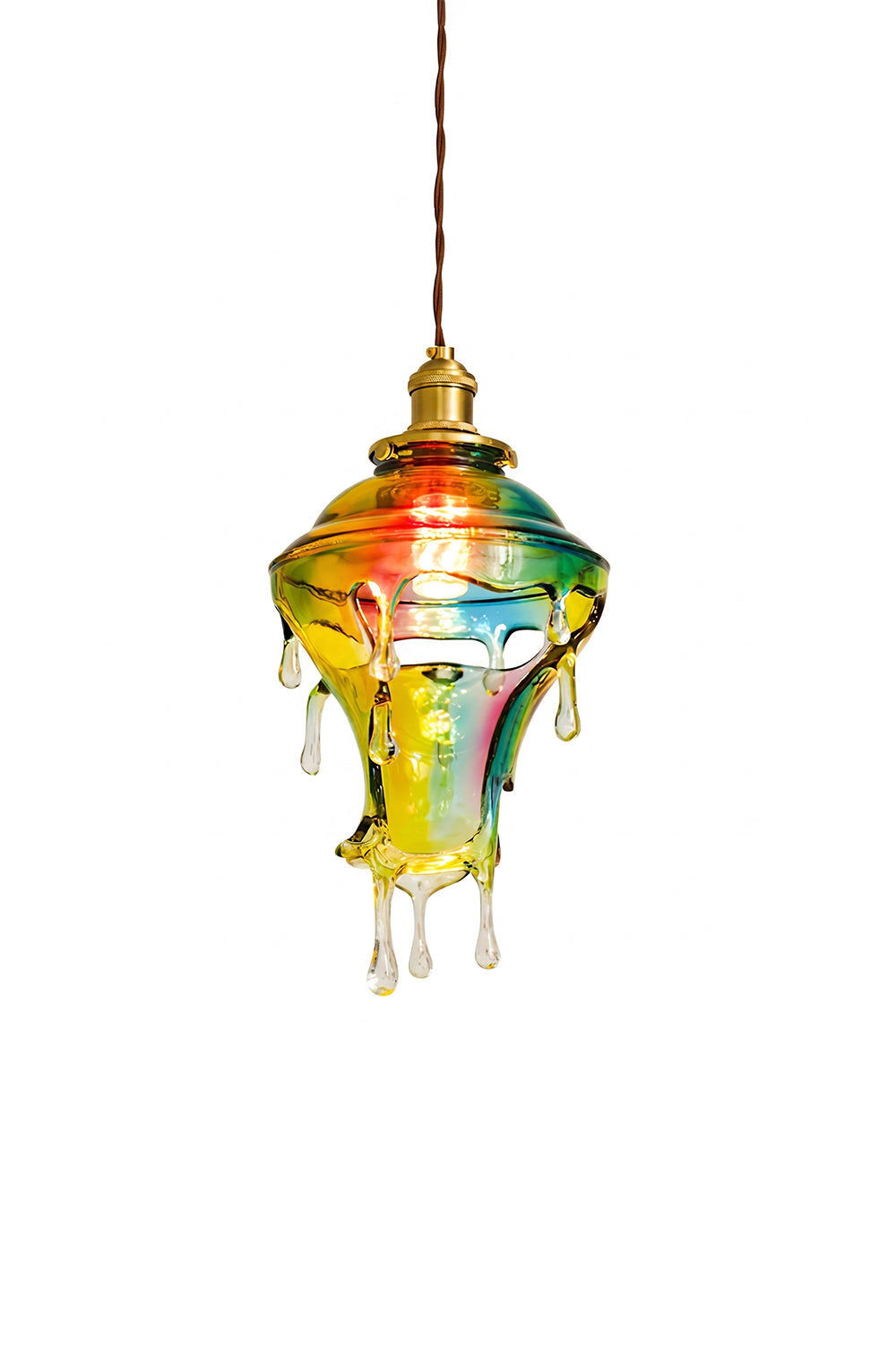 Chroma Drip Rainbow Resin Pendant Lamp | Resin, Metal | Fully lit retro-modern pendant light with an iridescent rainbow dripping resin shade and hanging droplets | Isolated lit product shot on white background | Samu Lamp