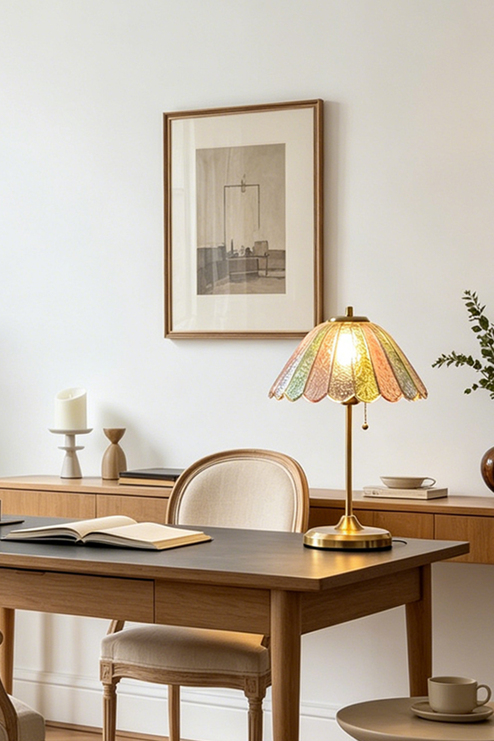 Clara Vintage Pastel Glass Table Lamp | Glass, Metal | Placed on a classic wooden desk below a framed sketch artwork in a bright minimalist home office | Samu Lamp