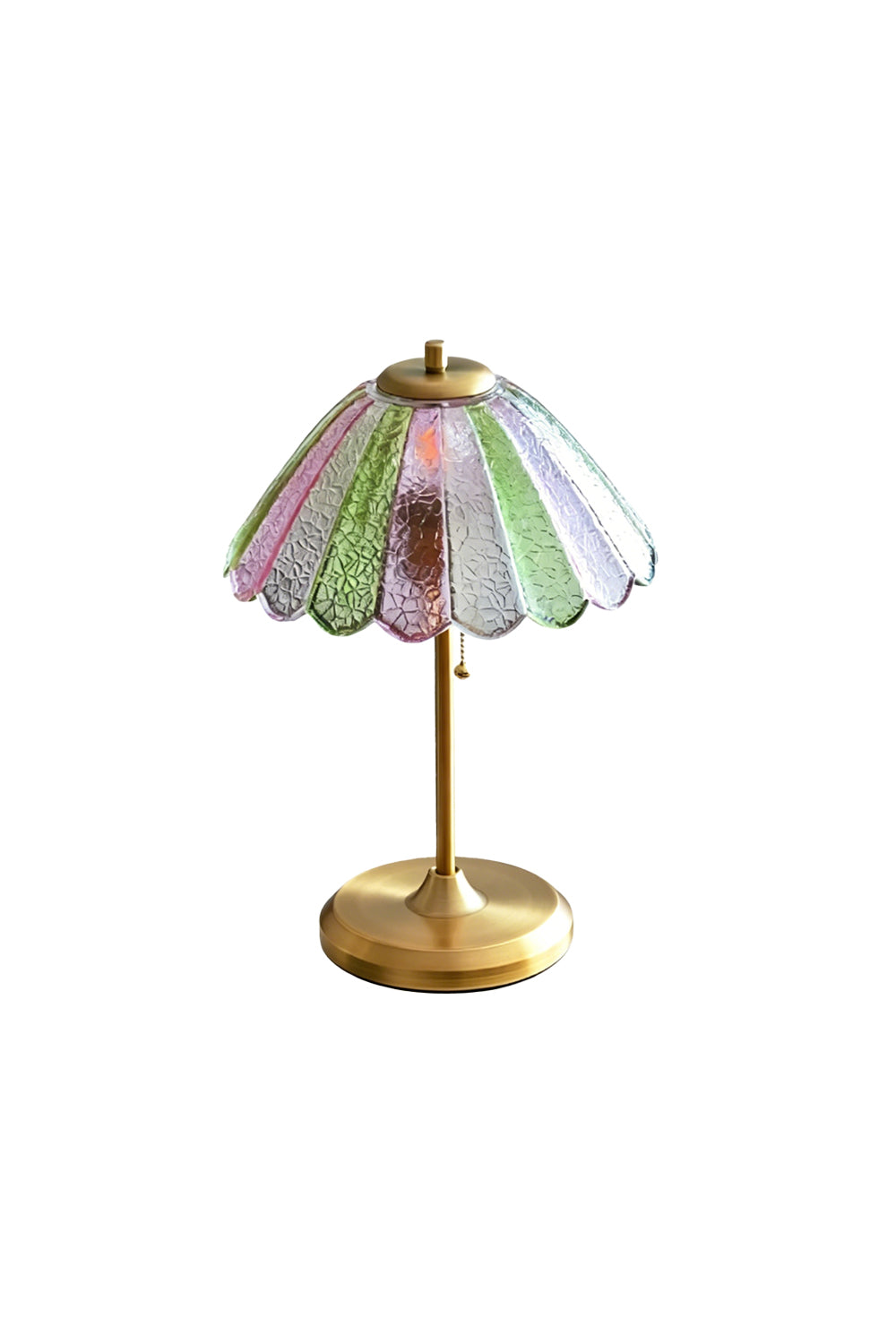 Clara Vintage Pastel Glass Table Lamp | Glass, Metal | Vintage-style desk lamp with a colorful scalloped pastel textured glass shade and a brushed brass base | Isolated lit product shot on white background | Samu Lamp