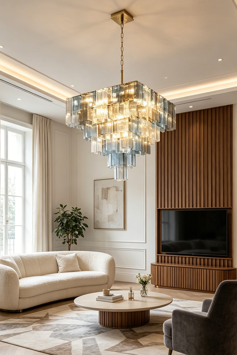 Clarissa Tiered Square Glass Chandelier | Living Room Decor | Positioned beautifully above a round coffee table in a spacious luxury living room with a plush cream sofa and wood slat wall | Samu Lamp