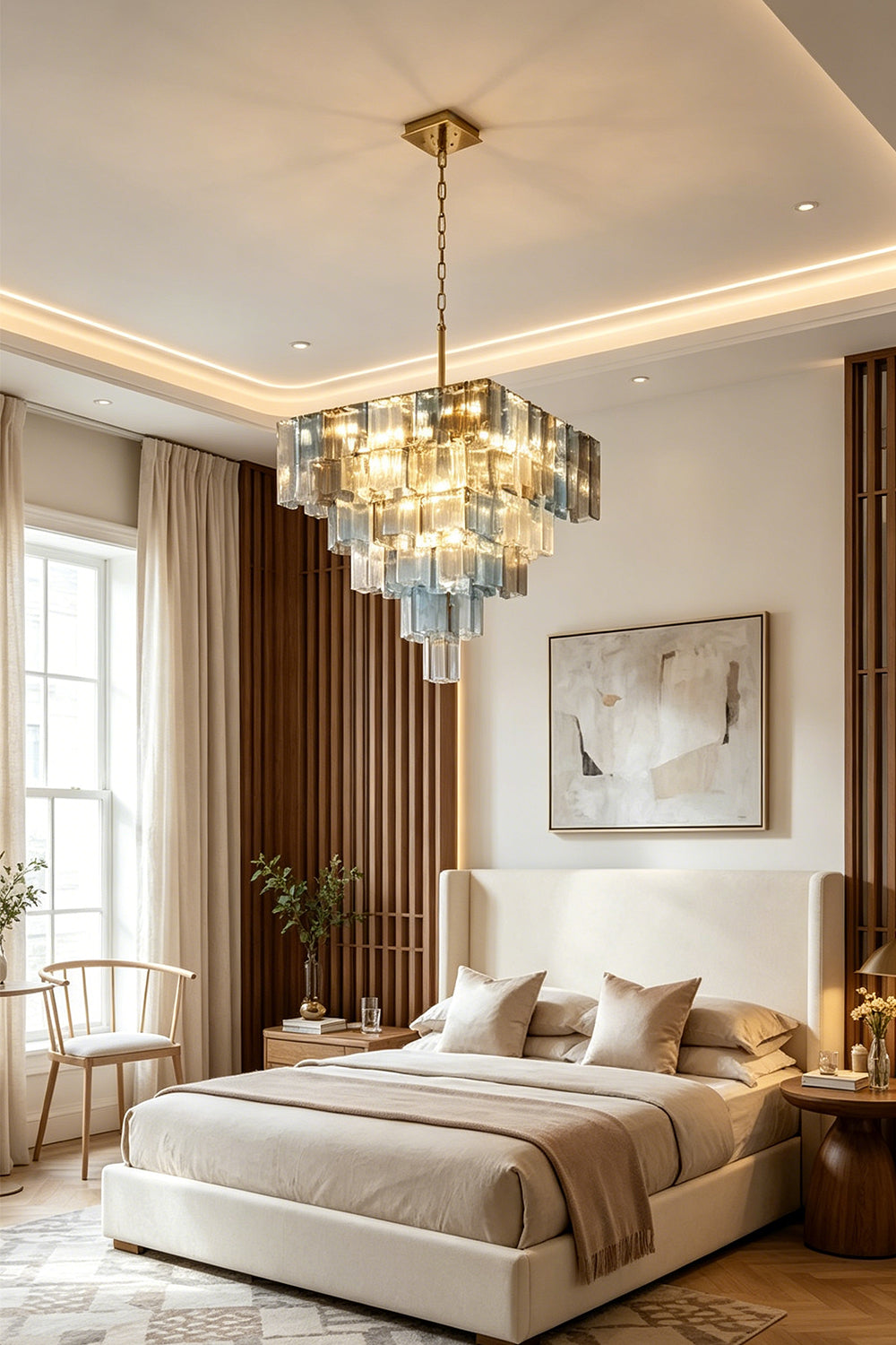 Clarissa Tiered Square Glass Chandelier | Luxury Bedroom Light | Providing a warm ambient glow above a modern platform bed with cream linens in a high-ceilinged elegant bedroom | Samu Lamp