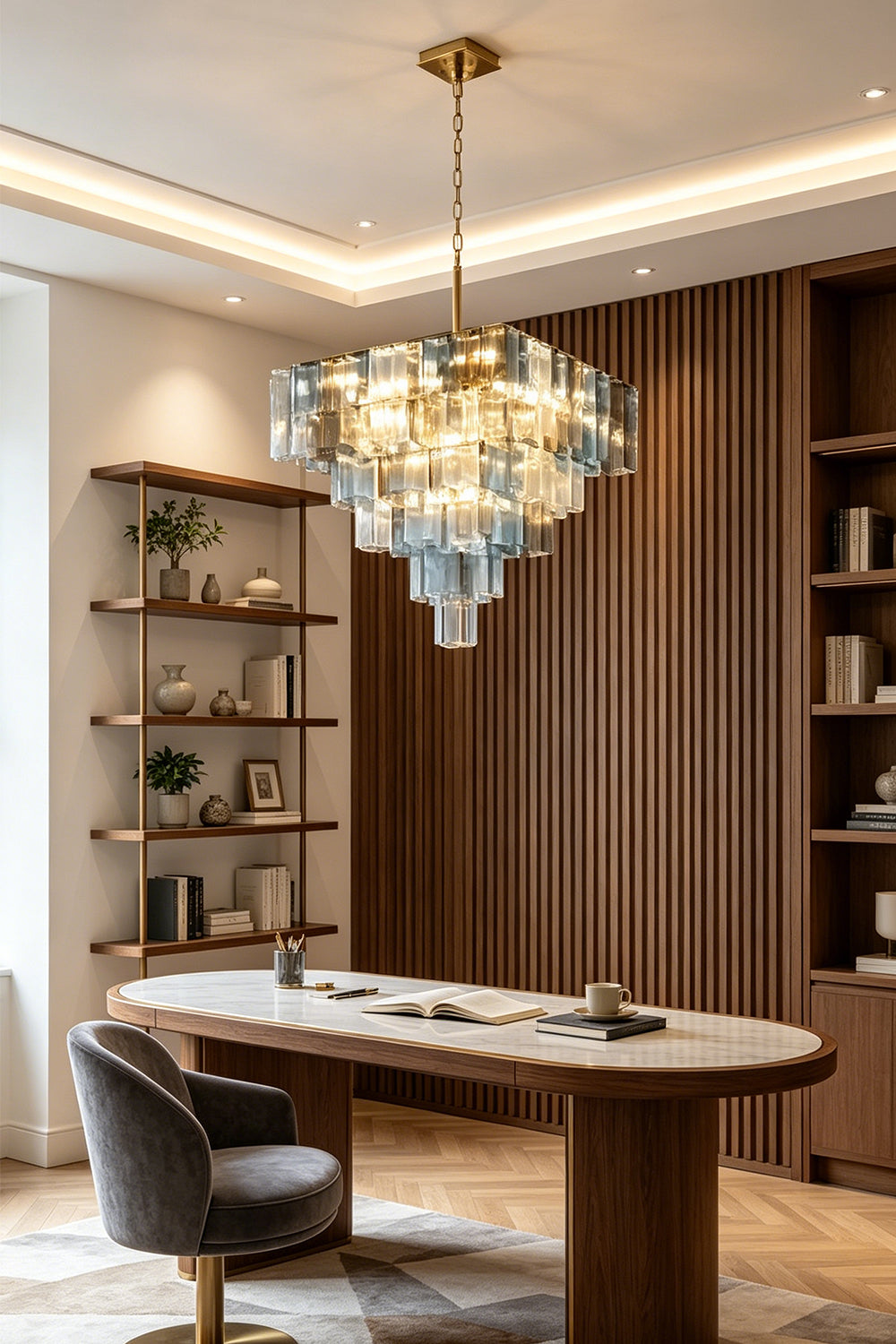 Clarissa Tiered Square Glass Chandelier | Home Office Lighting | Hanging as an elegant statement fixture in a refined home study above a curved wooden writing desk and executive chair | Samu Lamp