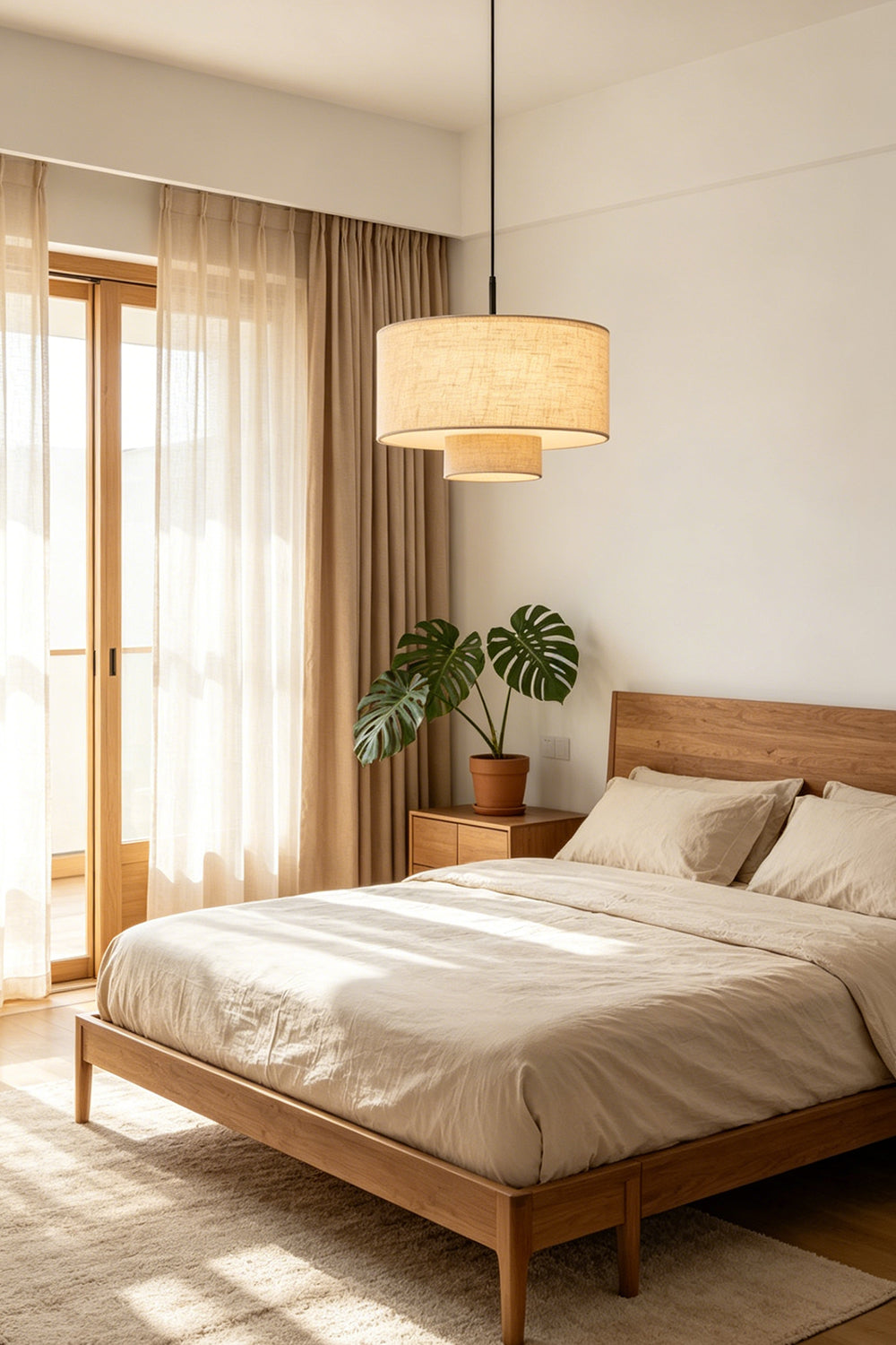 Concentric Veil Fabric Pendant Light | Fabric | Illuminated above a wooden bed in a bright, sunlit bedroom | Samu Lamp