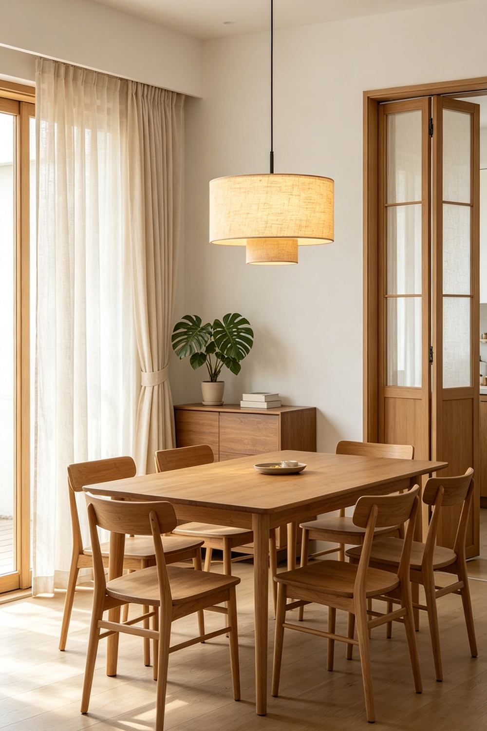 Concentric Veil Fabric Pendant Light | Fabric | Centered over a wooden dining table and chairs in a minimalist room | Samu Lamp