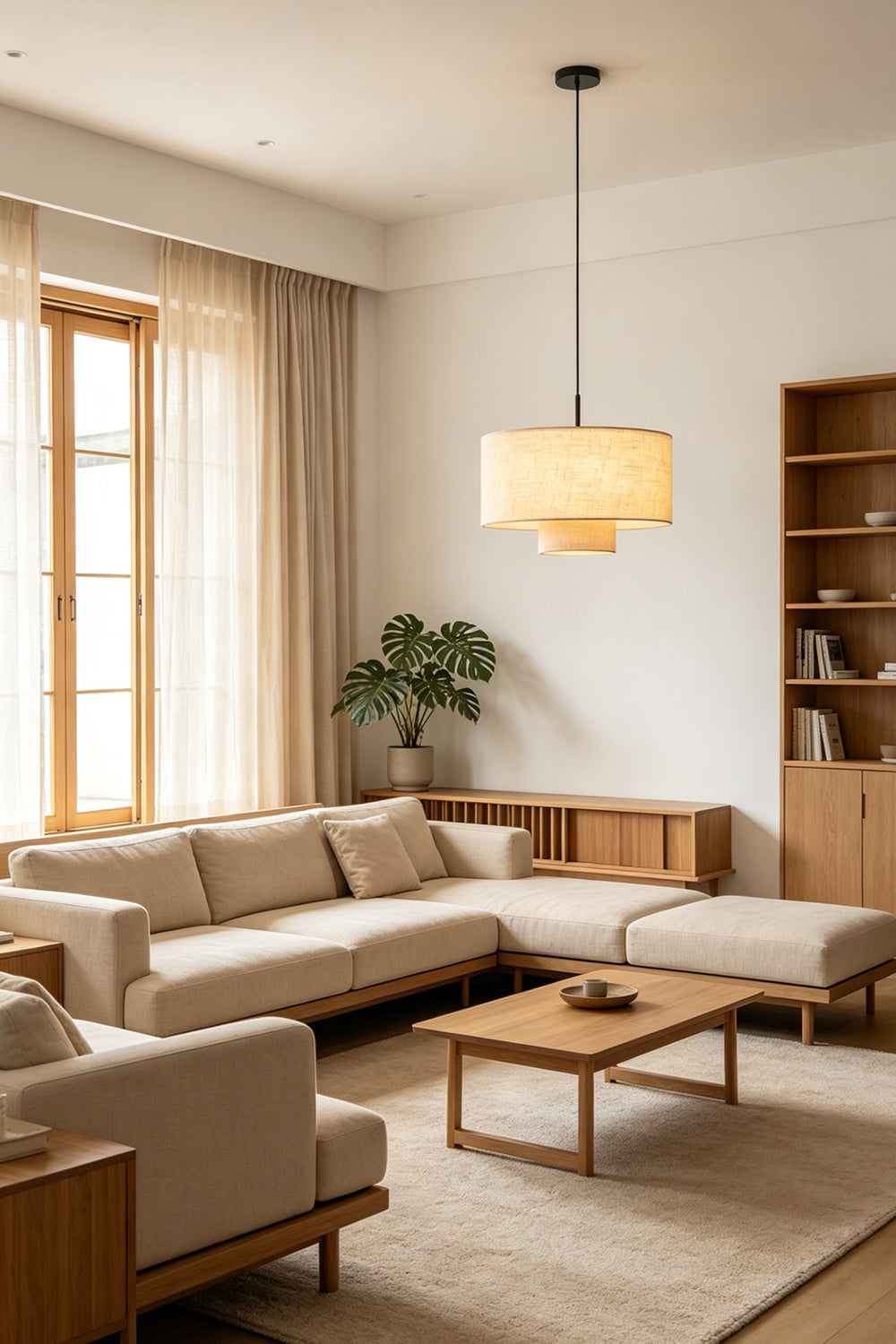 Concentric Veil Fabric Pendant Light | Fabric | Ambient lighting in a large living area with an L-shaped sofa | Samu Lamp