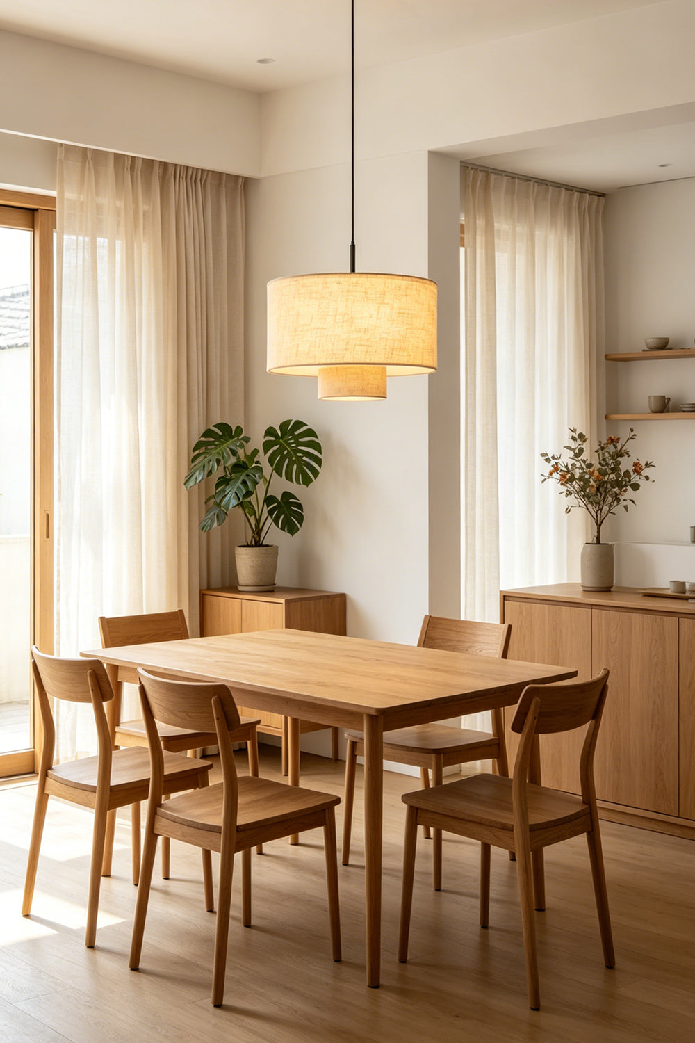 Concentric Veil Fabric Pendant Light | Fabric | Hanging above a dining set near a wooden storage cabinet | Samu Lamp