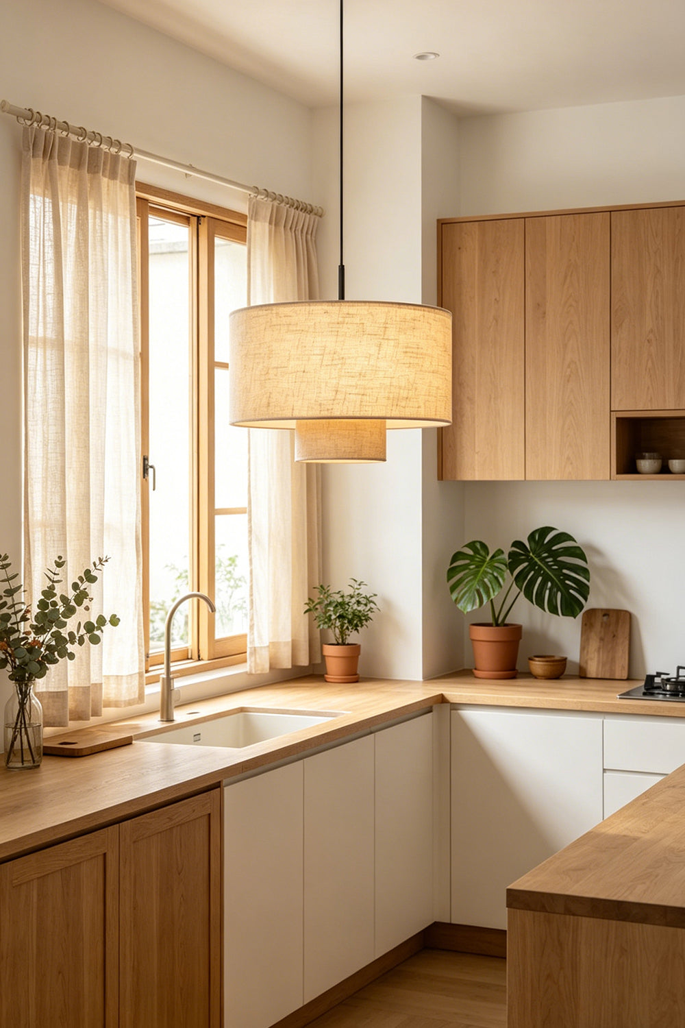 Concentric Veil Fabric Pendant Light | Fabric | Lit above a modern wooden kitchen counter and window | Samu Lamp