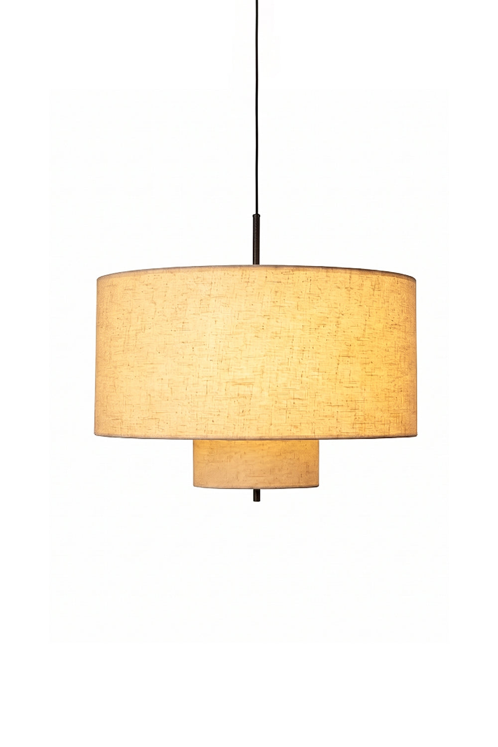 Concentric Veil Fabric Pendant Light | Fabric, Metal | Two-tier cylindrical design | Lit product shot isolated on white | Samu Lamp