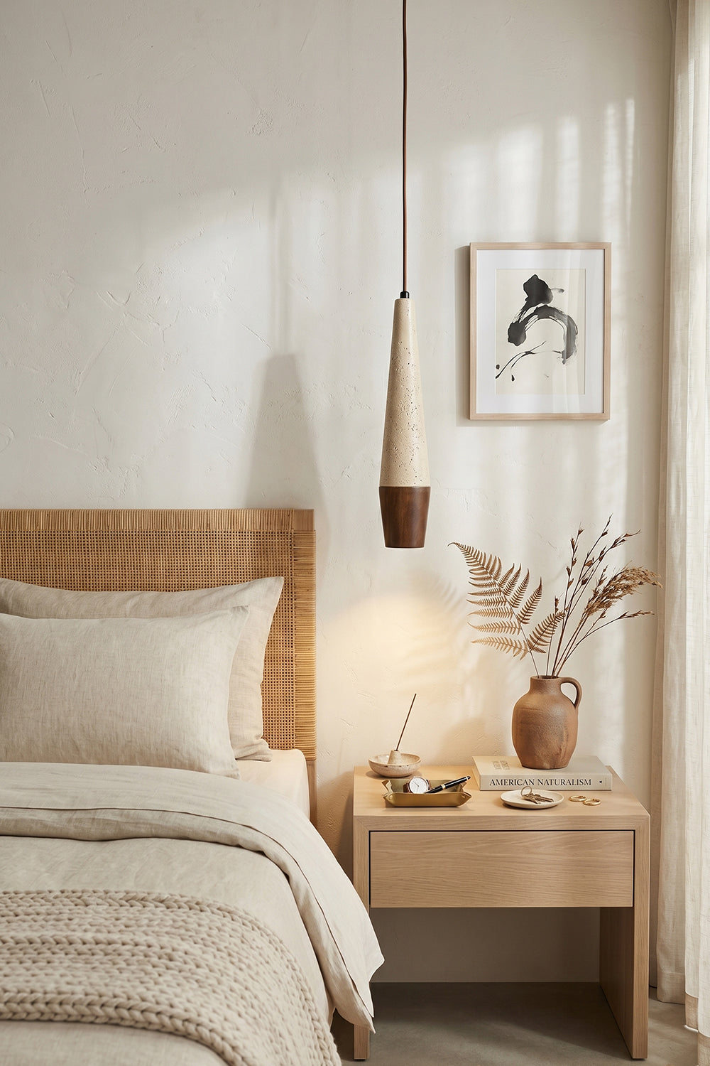Conical Tiber Travertine Pendant Light | Travertine, Wood | Bedside hanging lamp in neutral bedroom | Samu Lamp