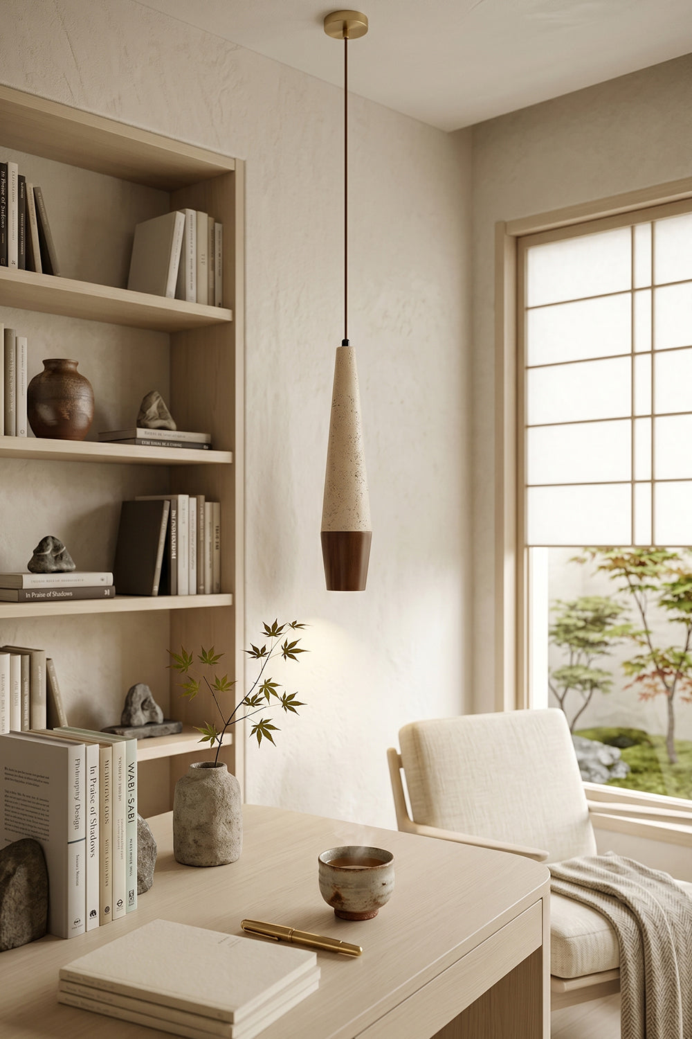 Conical Tiber Travertine Pendant Light | Travertine, Wood | Workspace lighting above home office desk | Samu Lamp