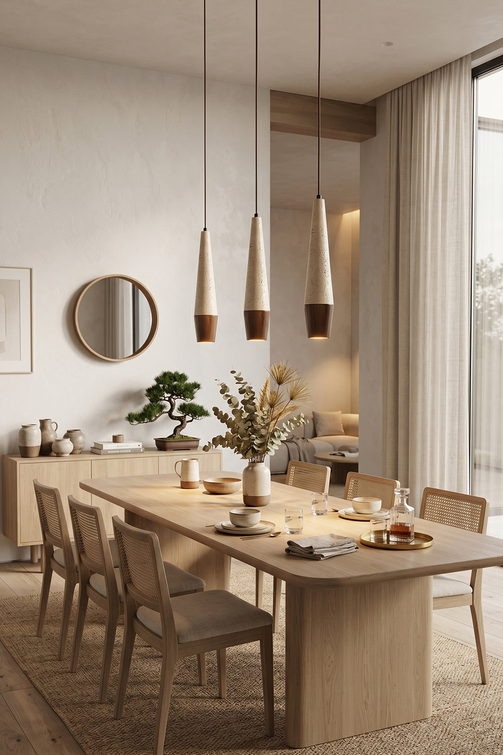 Conical Tiber Travertine Pendant Lights | Travertine, Wood | Group of three over dining room table | Samu Lamp