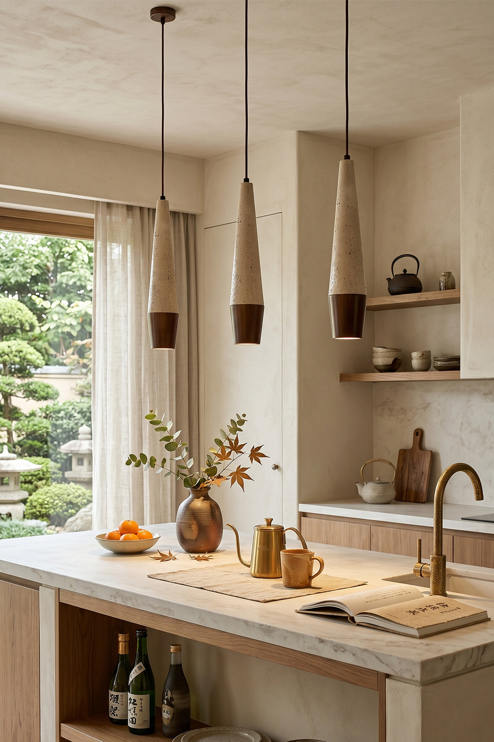 Conical Tiber Travertine Pendant Lights | Travertine, Wood | Trio installation over kitchen island | Samu Lamp
