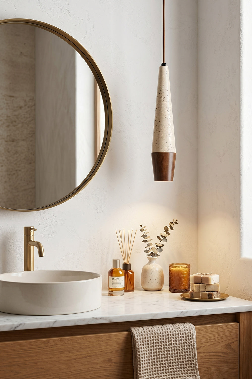 Conical Tiber Travertine Pendant Light | Travertine, Wood | Bathroom vanity lighting next to mirror | Samu Lamp