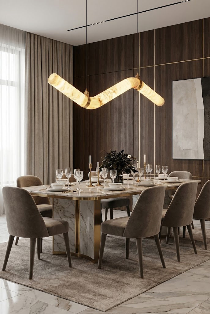 Undulating alabaster tube pendant light | Alabaster, Brass | Installed over a large dining table with upholstered chairs | Samu Lamp