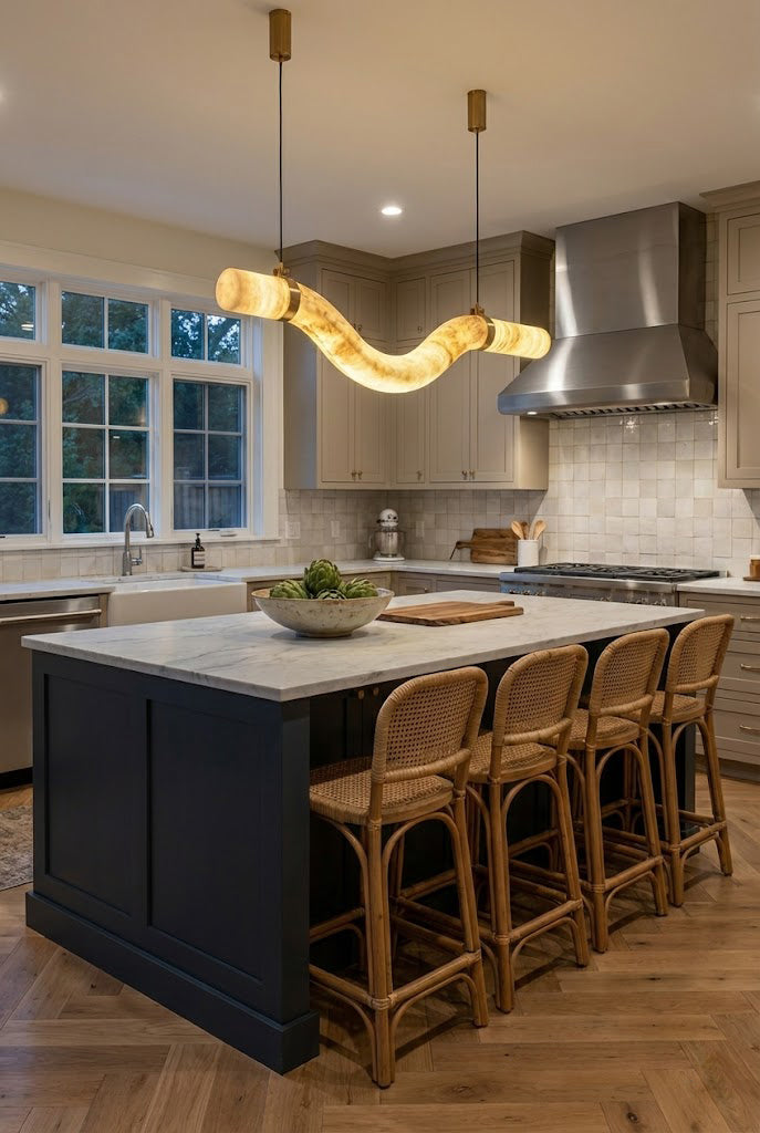 Undulating alabaster pendant lighting | Alabaster, Brass | Over a navy blue kitchen island with wooden stools | Samu Lamp