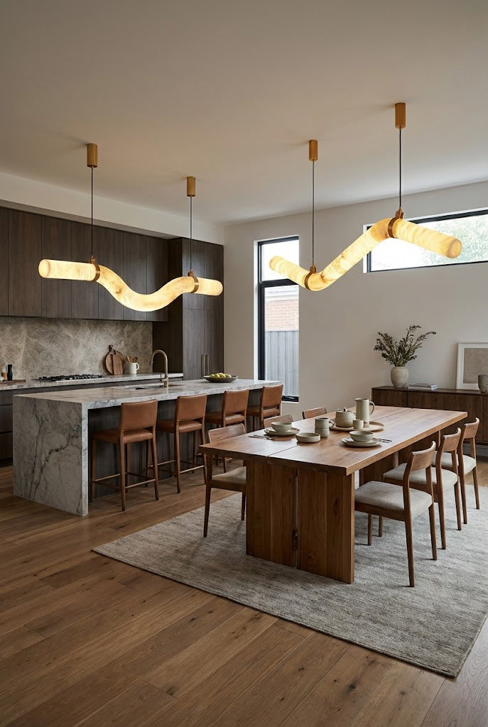 Artistic alabaster tube chandelier | Alabaster, Brass | Over a long wooden dining table in an open-plan home | Samu Lamp