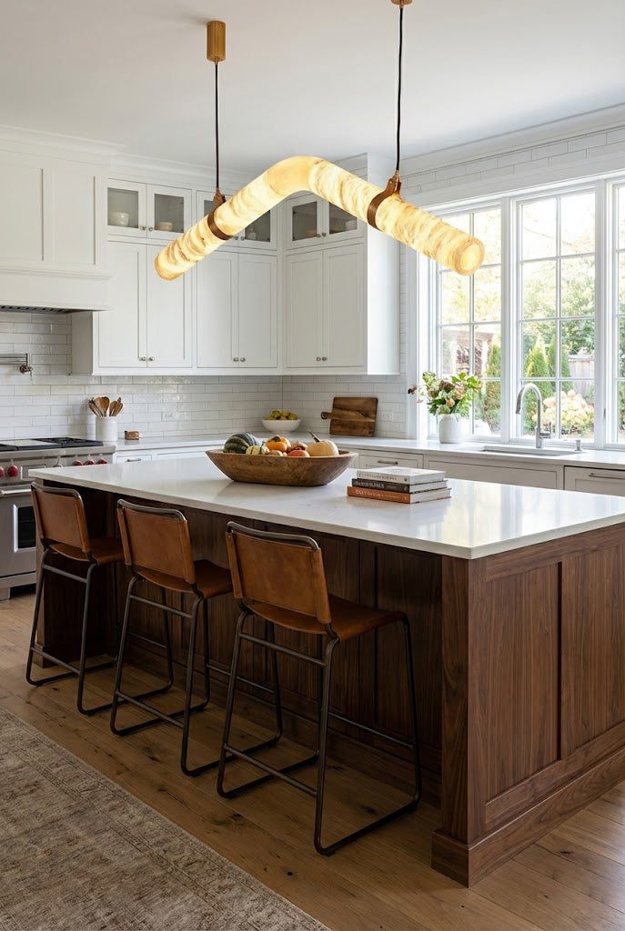 Contemporary undulating alabaster light fixture | Alabaster, Brass | Installed over a marble island with wooden chairs | Samu Lamp
