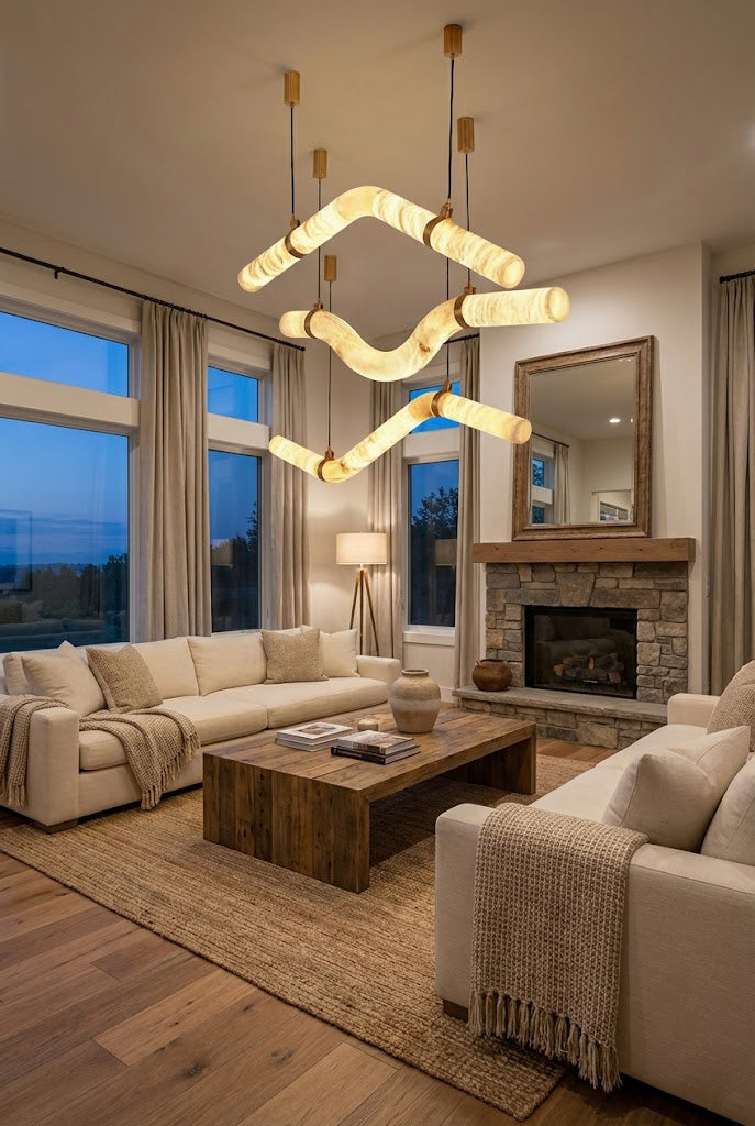 Alabaster tube chandelier in a luxury living room | Alabaster, Brass | Installed above a coffee table near a fireplace | Samu Lamp