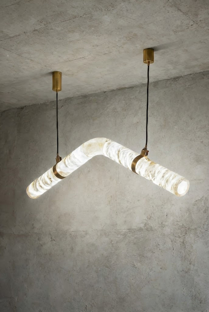 Contemporary Undulating Alabaster Tube Chandelier | Alabaster, Brass | Alternative isolated view on white background | Samu Lamp