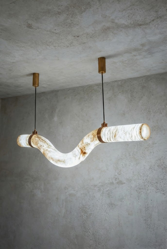 Contemporary Undulating Alabaster Tube Chandelier | Alabaster, Brass | Alternative isolated view on white background | Samu Lamp