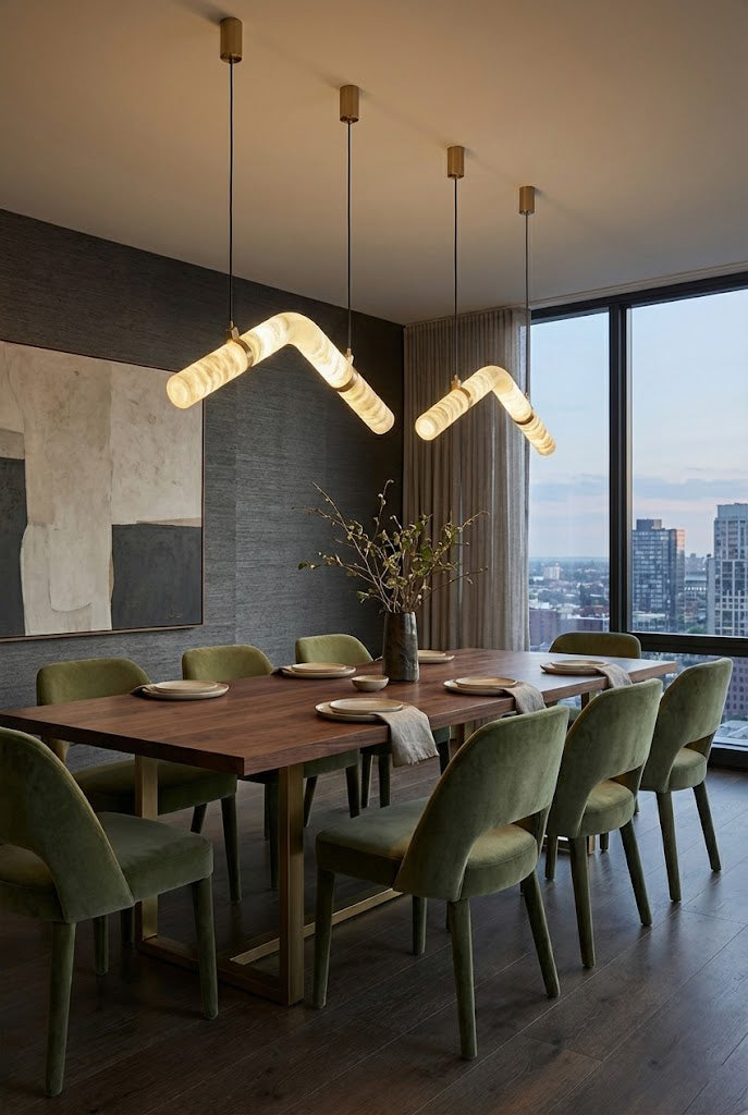 Modern undulating alabaster light fixture | Alabaster, Brass | Centered in a bright dining room with large windows | Samu Lamp