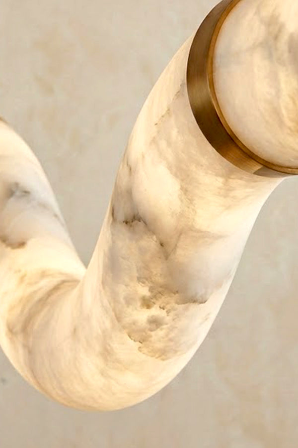 Detailed shot of brass joint and alabaster tube connection | Alabaster, Brass | Close-up of the hardware and stone texture | Samu Lamp