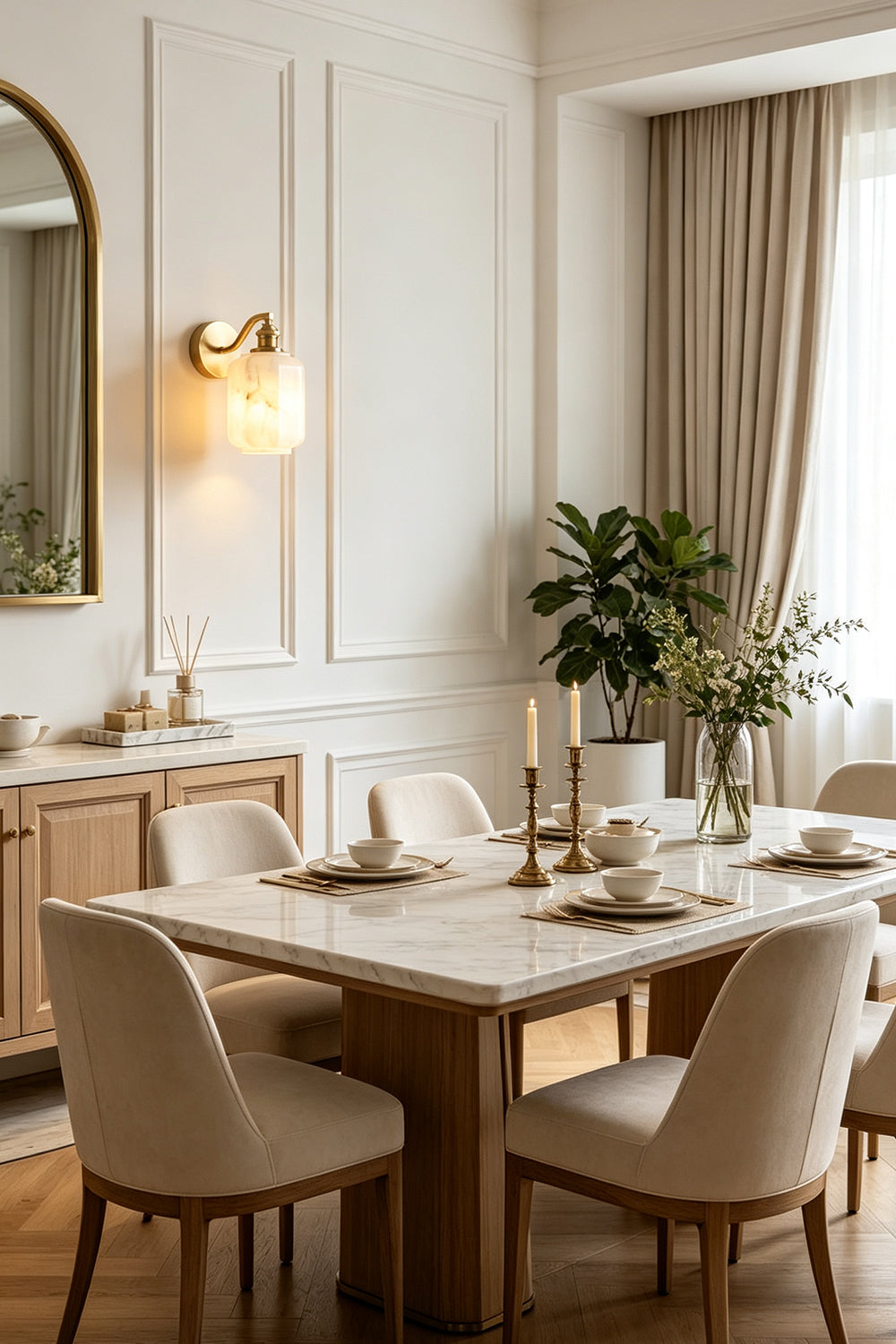 Cordelia Scalloped Alabaster Wall Sconce | Natural Alabaster and Brushed Brass | Adding a luxurious touch to an elegant dining room wall near a wooden dining table and chairs | Samu Lamp