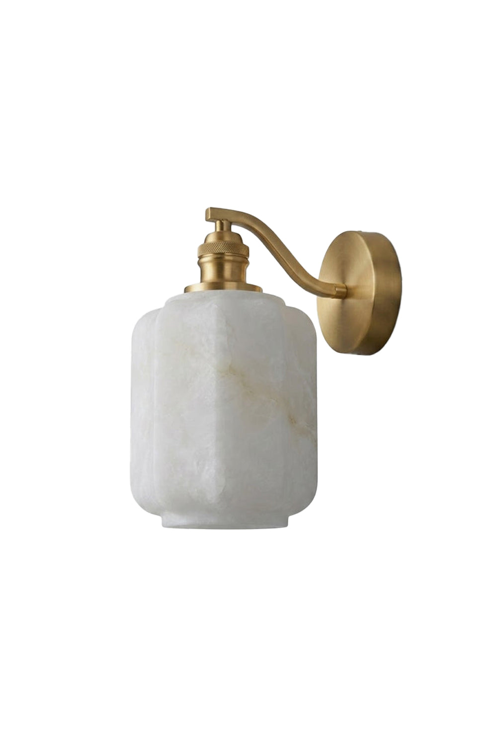 Cordelia Scalloped Alabaster Wall Sconce | Natural Alabaster and Brushed Brass | Clean studio product shot on a white background showing the curved metal arm and faceted stone shade | Samu Lamp