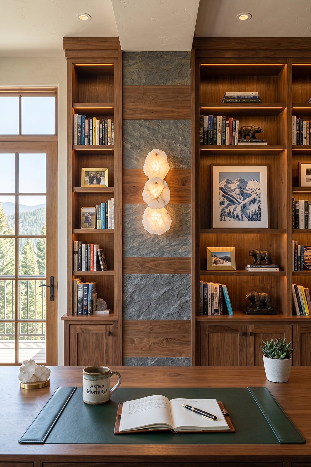 Corin Alabaster Wall Sconce illuminating a stylish wooden library with bookshelves and a desk.