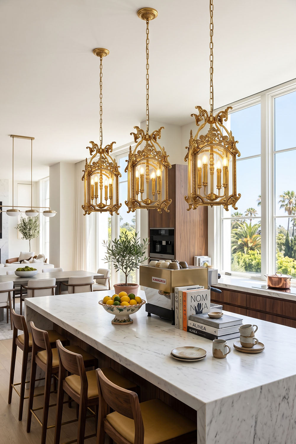 Corwin Glazed Brass Pendant Light elegantly enhances a modern kitchen with three stylish fixtures.