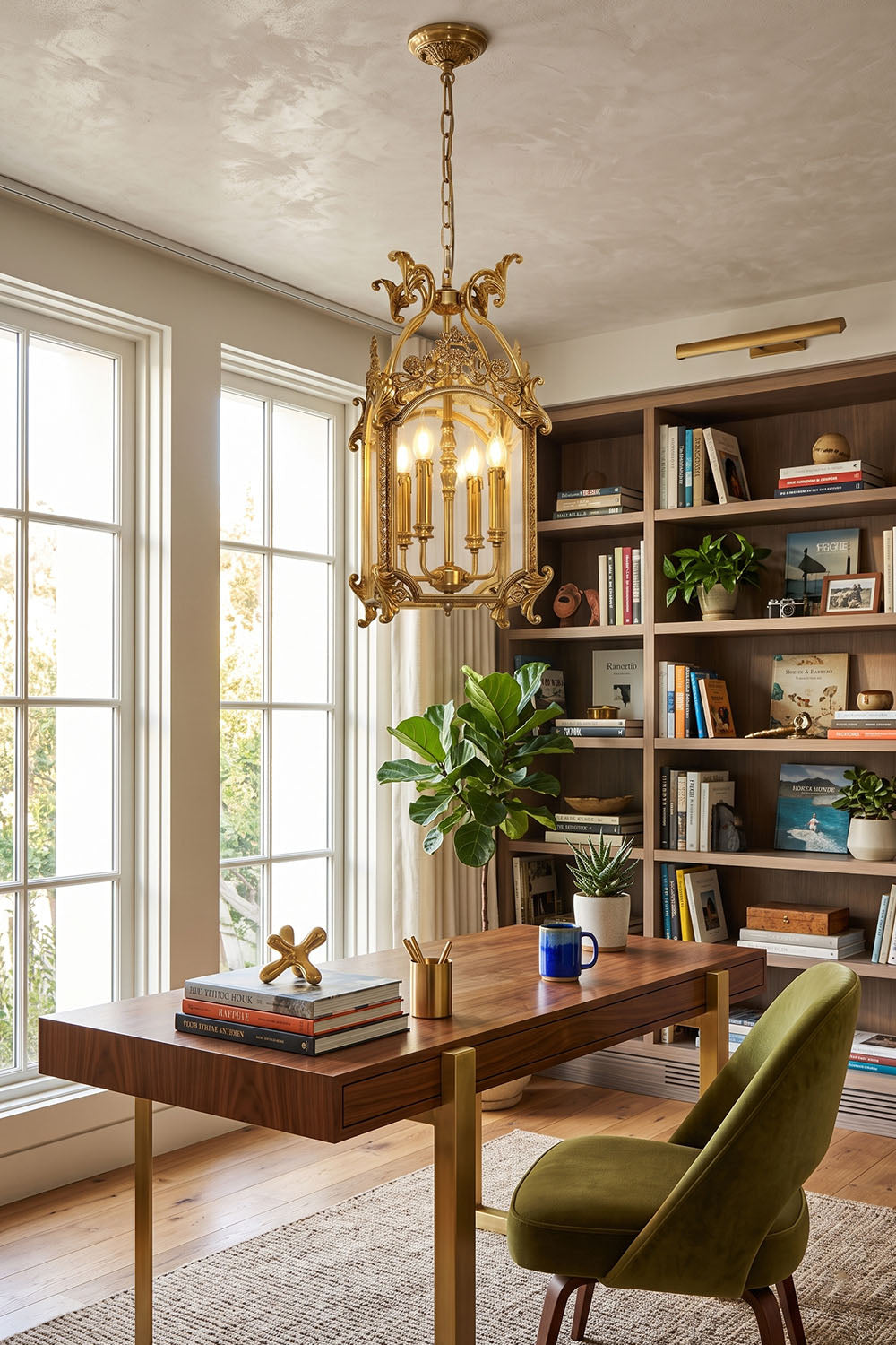 Corwin Glazed Brass Pendant Light in a stylish home office setting with a desk and shelves.